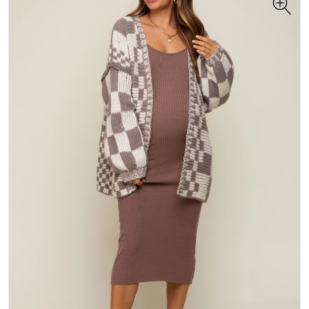 Pink Blush Maternity Mocha Checkered Oversize Chunky Knit Cardigan
